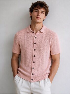 Topman Textured Knit Polo Shirt Pink Button-Up Short Sleeve Men's Medium